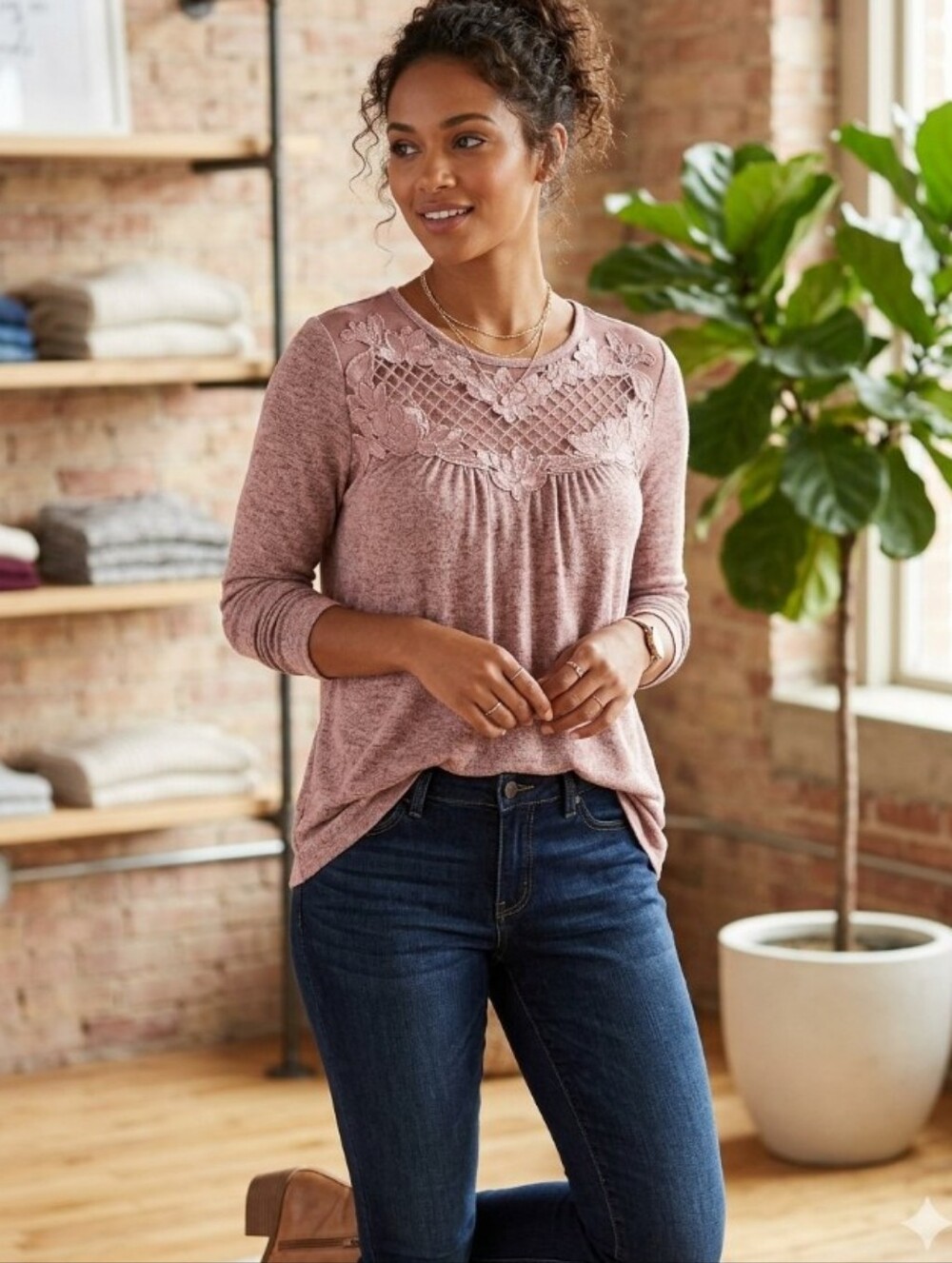 Maurices XL- Lace-Yoke Waffle Long Sleeve Top In Dusty Mauve Rose